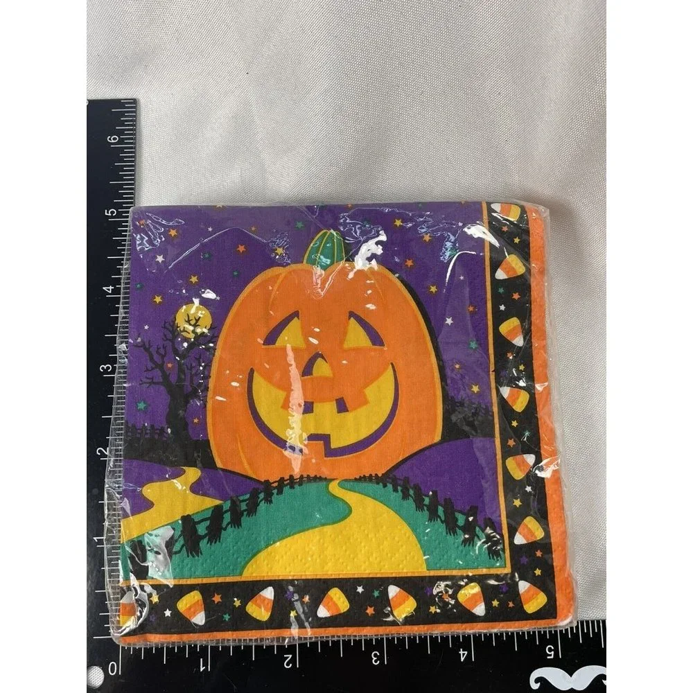 Vintage Halloween Orange Pumpkin Candy Corn Amscan Beverage Napkins 16 3-ply